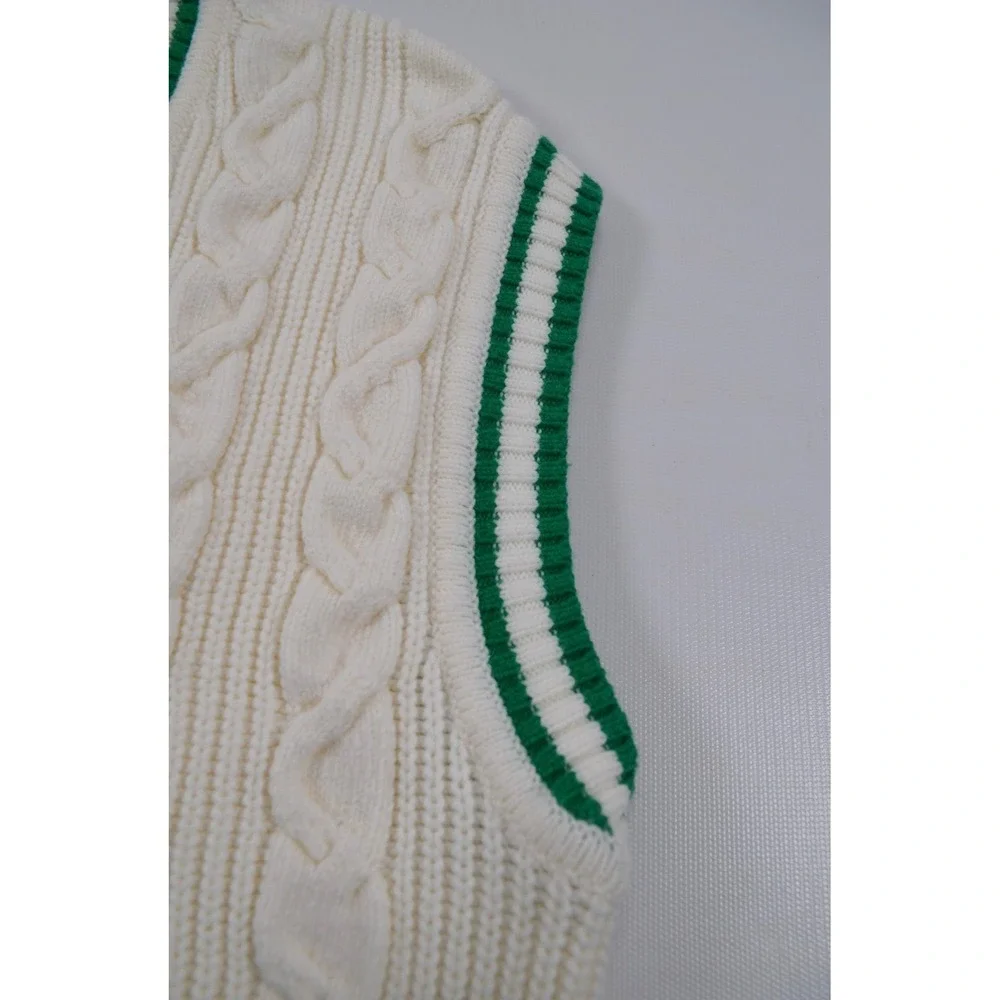 TALBOTS Sweater Vest Womens XS White Cable Knit V Neck Green Trim Preppy - Picture 9 of 13